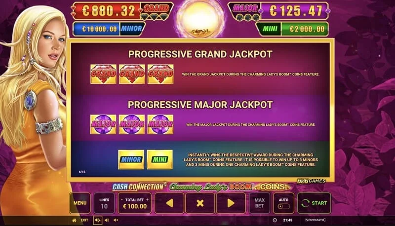 Cash Connection - Charming Lady's Boom Coins - gjaldtákn Mini, Minor, Major og Grand