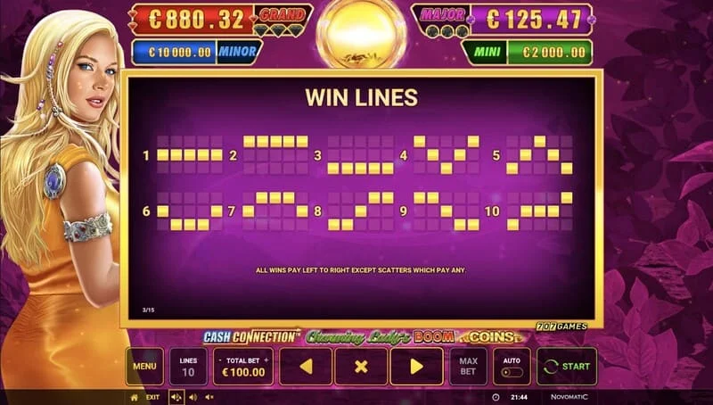 Cash Connection - Charming Lady's Boom Coins - vinningslínur og Wild Charming Lady